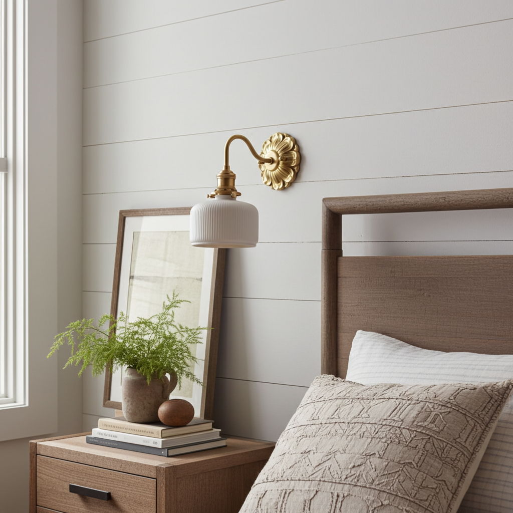 Antique Brass Wall Sconce with White Ceramic Shade - Rustic Style