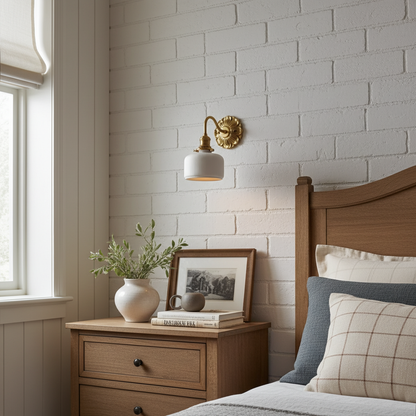 Antique Brass Wall Sconce with White Ceramic Shade - Rustic Style