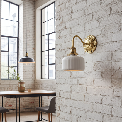 Antique Brass Wall Sconce with White Ceramic Shade - Rustic Style