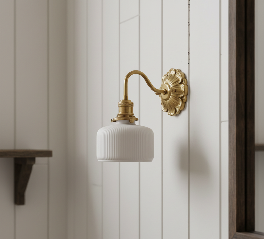 Antique Brass Wall Sconce with White Ceramic Shade - Rustic Style