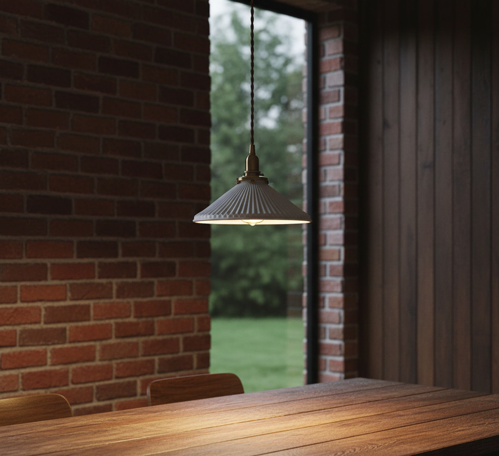 Pendant light hanging above a wooden table with a brick wall and window in the background