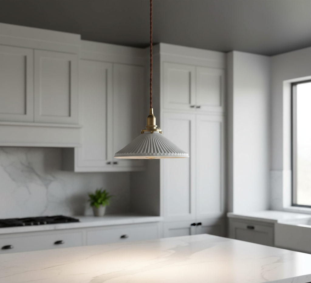 Modern kitchen with white cabinets, marble countertop, and pendant light.