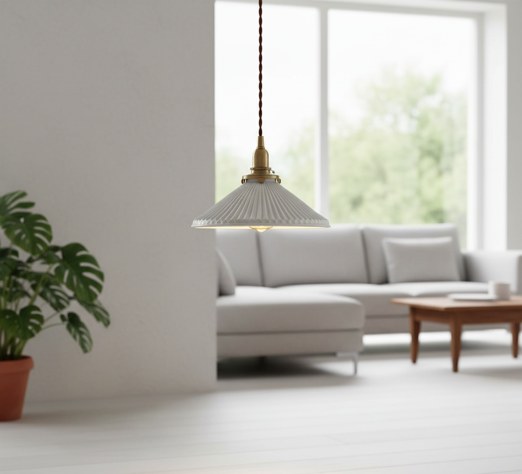 Modern living room with a gray sofa, wooden coffee table, and pendant light.