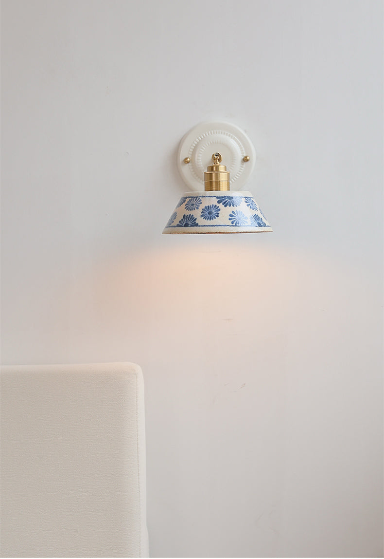 Vintage Ceramic Wall Sconce with Blue Floral Shade – Handmade Bedside Light Fixture - Modefinity