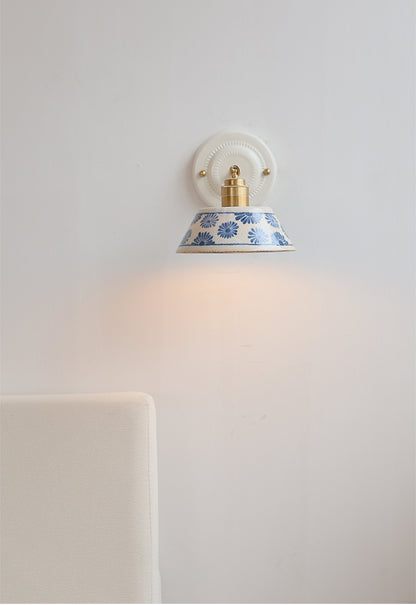 Vintage Ceramic Wall Sconce with Blue Floral Shade – Handmade Bedside Light Fixture - Modefinity