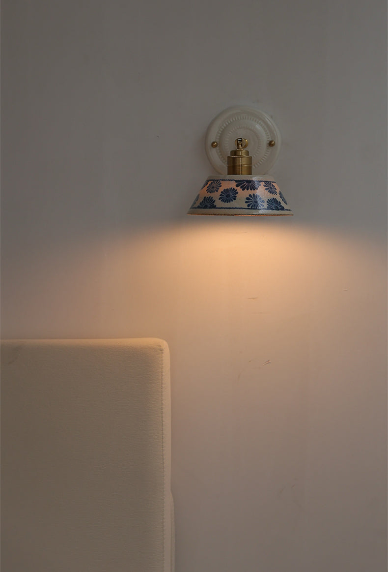 Vintage Ceramic Wall Sconce with Blue Floral Shade – Handmade Bedside Light Fixture - Modefinity