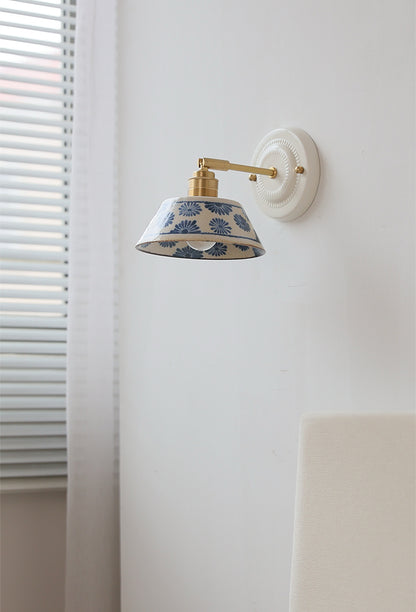 Vintage Ceramic Wall Sconce with Blue Floral Shade – Handmade Bedside Light Fixture - Modefinity