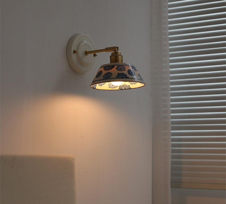 Vintage Ceramic Wall Sconce with Blue Floral Shade – Handmade Bedside Light Fixture - Modefinity