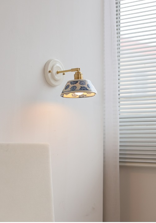 Vintage Ceramic Wall Sconce with Blue Floral Shade – Handmade Bedside Light Fixture - Modefinity