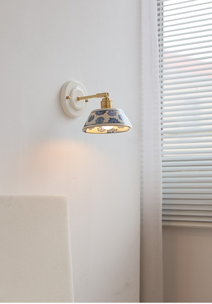 Vintage Ceramic Wall Sconce with Blue Floral Shade – Handmade Bedside Light Fixture - Modefinity