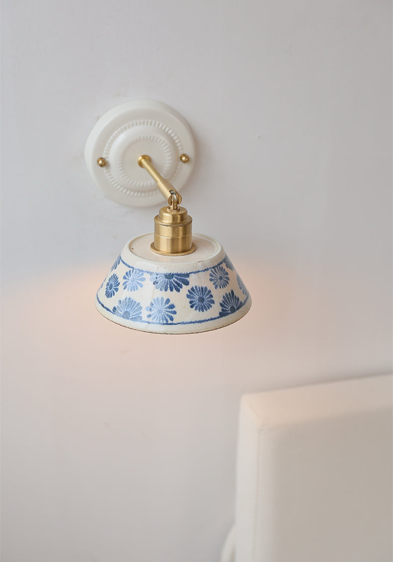Vintage Ceramic Wall Sconce with Blue Floral Shade – Handmade Bedside Light Fixture - Modefinity