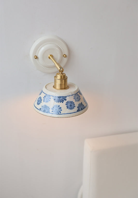 Vintage Ceramic Wall Sconce with Blue Floral Shade – Handmade Bedside Light Fixture - Modefinity