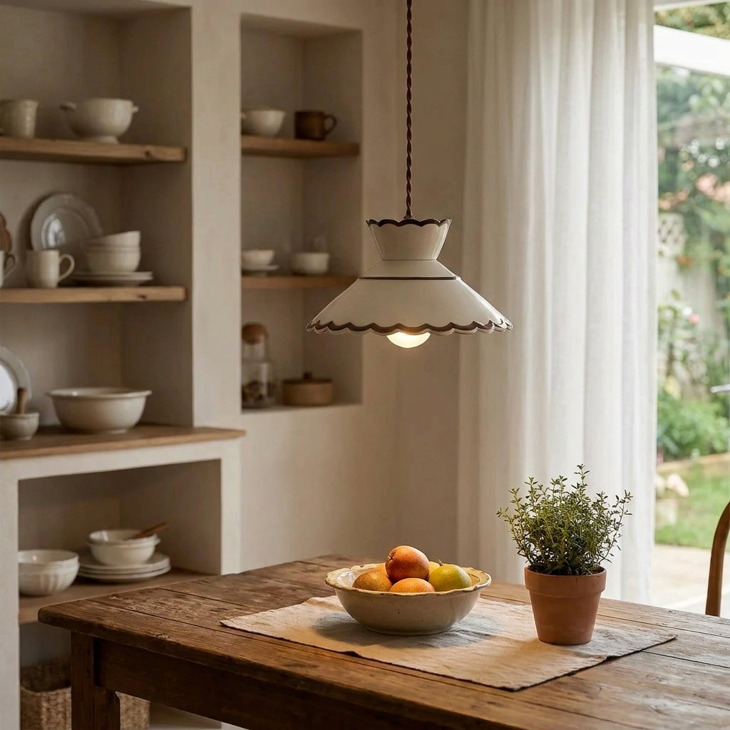 Clara Scalloped Ceramic Pendant Light – Vintage Cream & Brown Trim