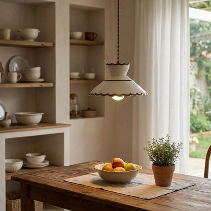 Clara Scalloped Ceramic Pendant Light – Vintage Cream & Brown Trim