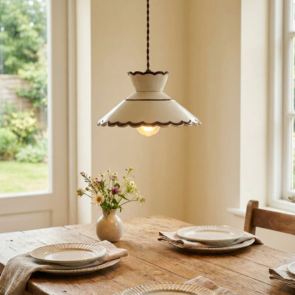 Clara Scalloped Ceramic Pendant Light – Vintage Cream & Brown Trim