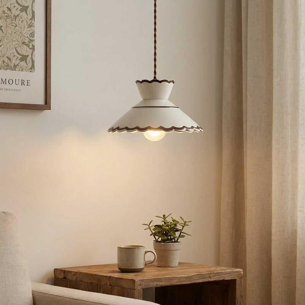 Clara Scalloped Ceramic Pendant Light – Vintage Cream & Brown Trim