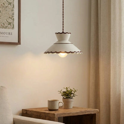 Clara Scalloped Ceramic Pendant Light – Vintage Cream & Brown Trim