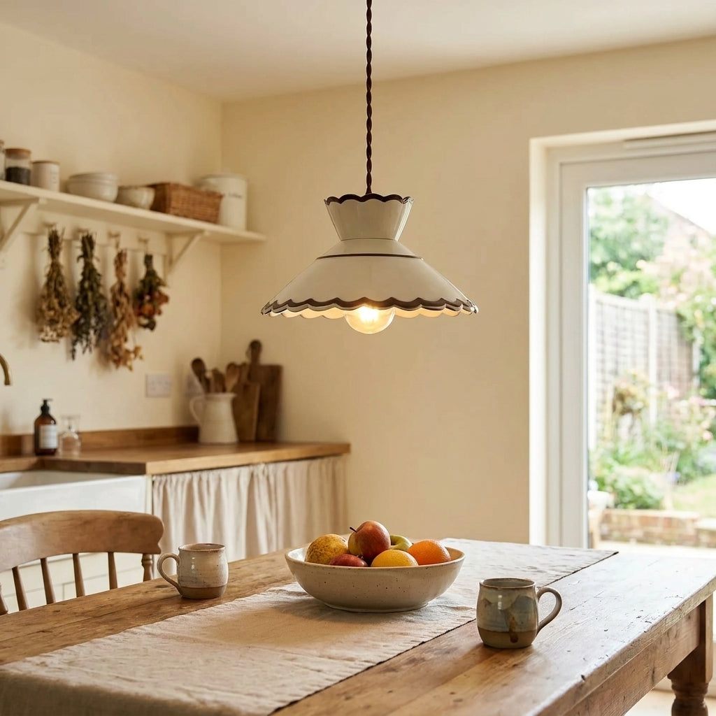 Clara Scalloped Ceramic Pendant Light – Vintage Cream & Brown Trim