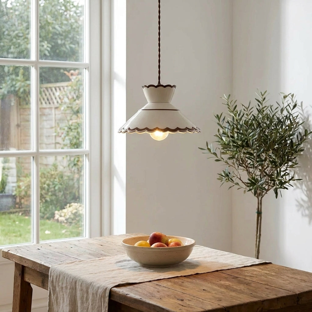 Clara Scalloped Ceramic Pendant Light – Vintage Cream & Brown Trim