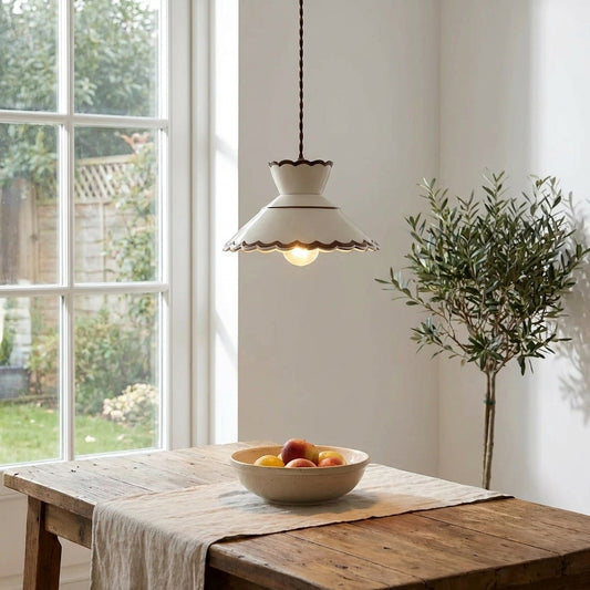 Clara Scalloped Ceramic Pendant Light – Vintage Cream & Brown Trim