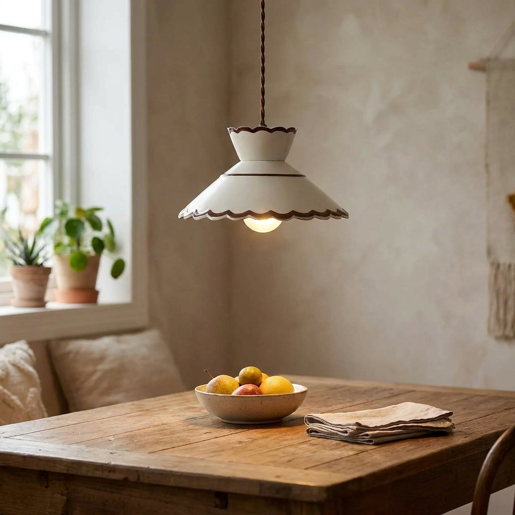 Clara Scalloped Ceramic Pendant Light – Vintage Cream & Brown Trim