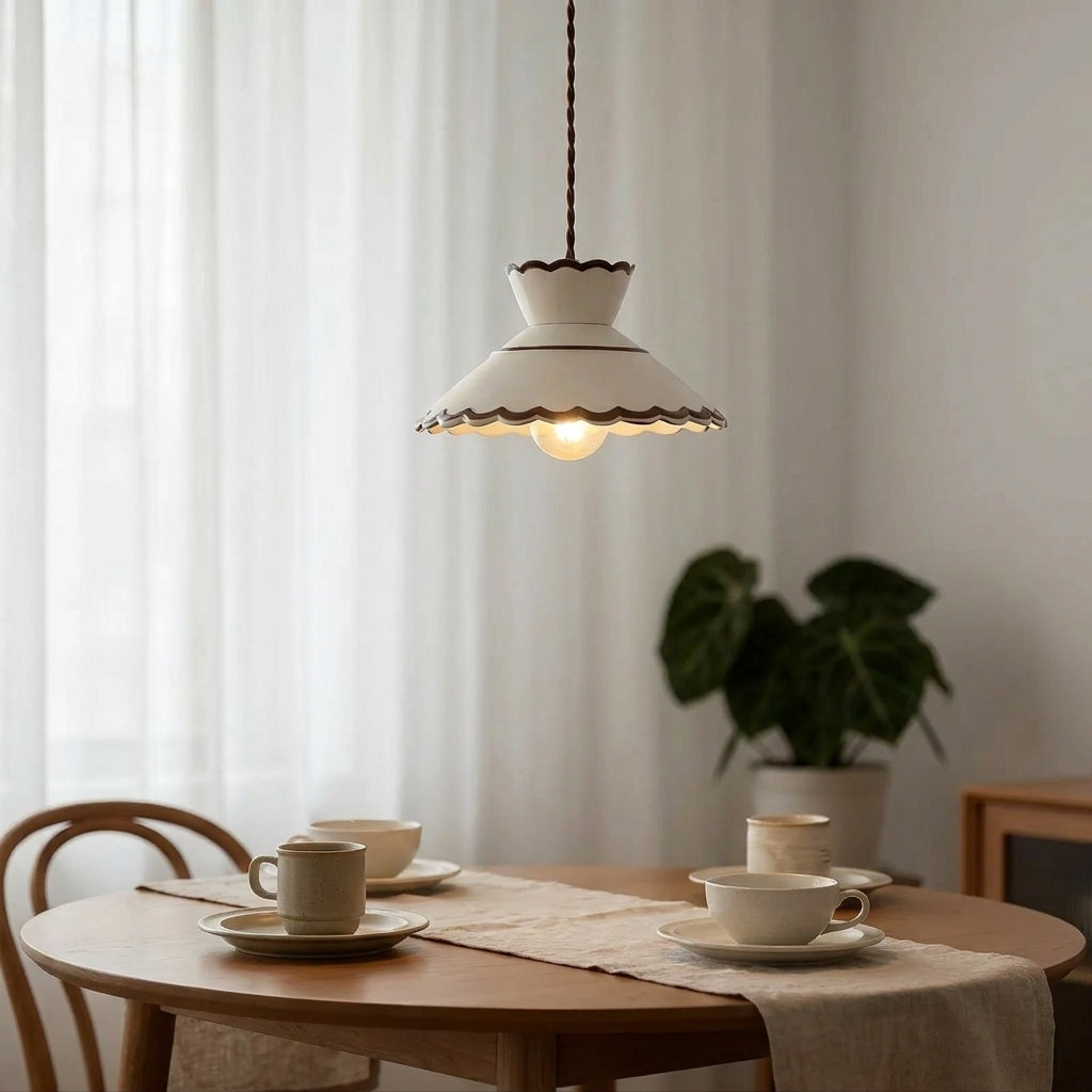 Clara Scalloped Ceramic Pendant Light – Vintage Cream & Brown Trim