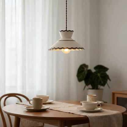 Clara Scalloped Ceramic Pendant Light – Vintage Cream & Brown Trim