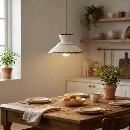 Clara Scalloped Ceramic Pendant Light – Vintage Cream & Brown Trim