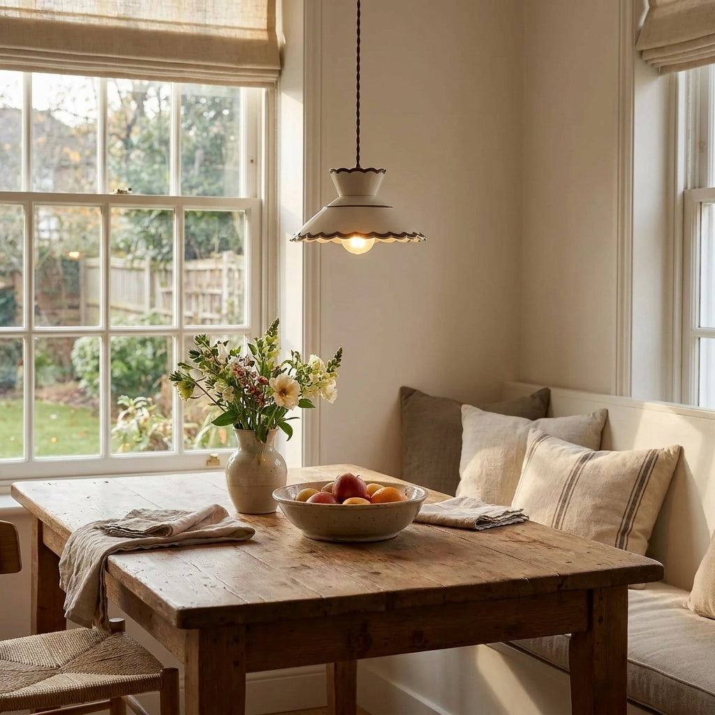 Clara Scalloped Ceramic Pendant Light – Vintage Cream & Brown Trim