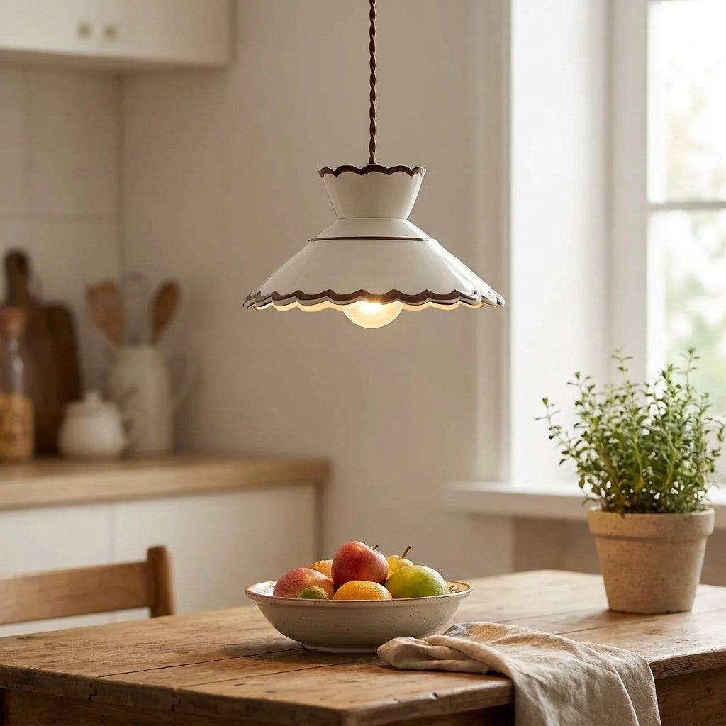 Clara Scalloped Ceramic Pendant Light – Vintage Cream & Brown Trim