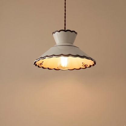 Clara Scalloped Ceramic Pendant Light – Vintage Cream & Brown Trim
