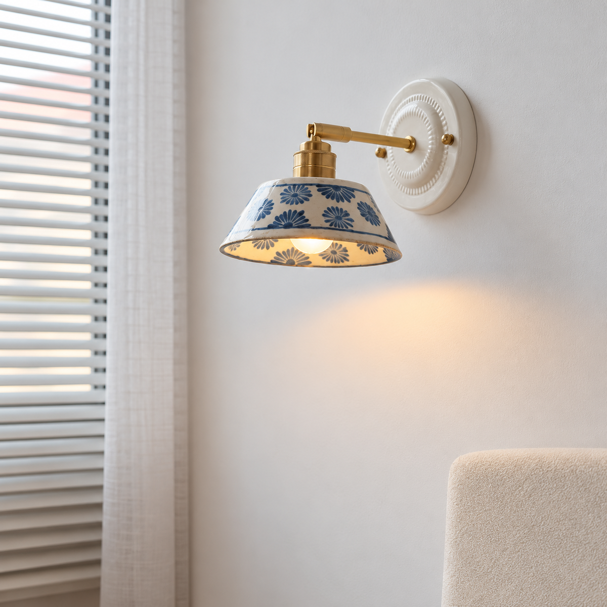 Vintage Ceramic Wall Sconce with Blue Floral Shade – Handmade Bedside Light Fixture