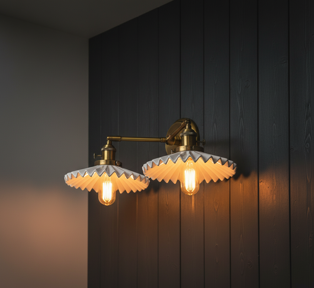Pair of wall-mounted lights with textured glass shades on a dark wooden panel background