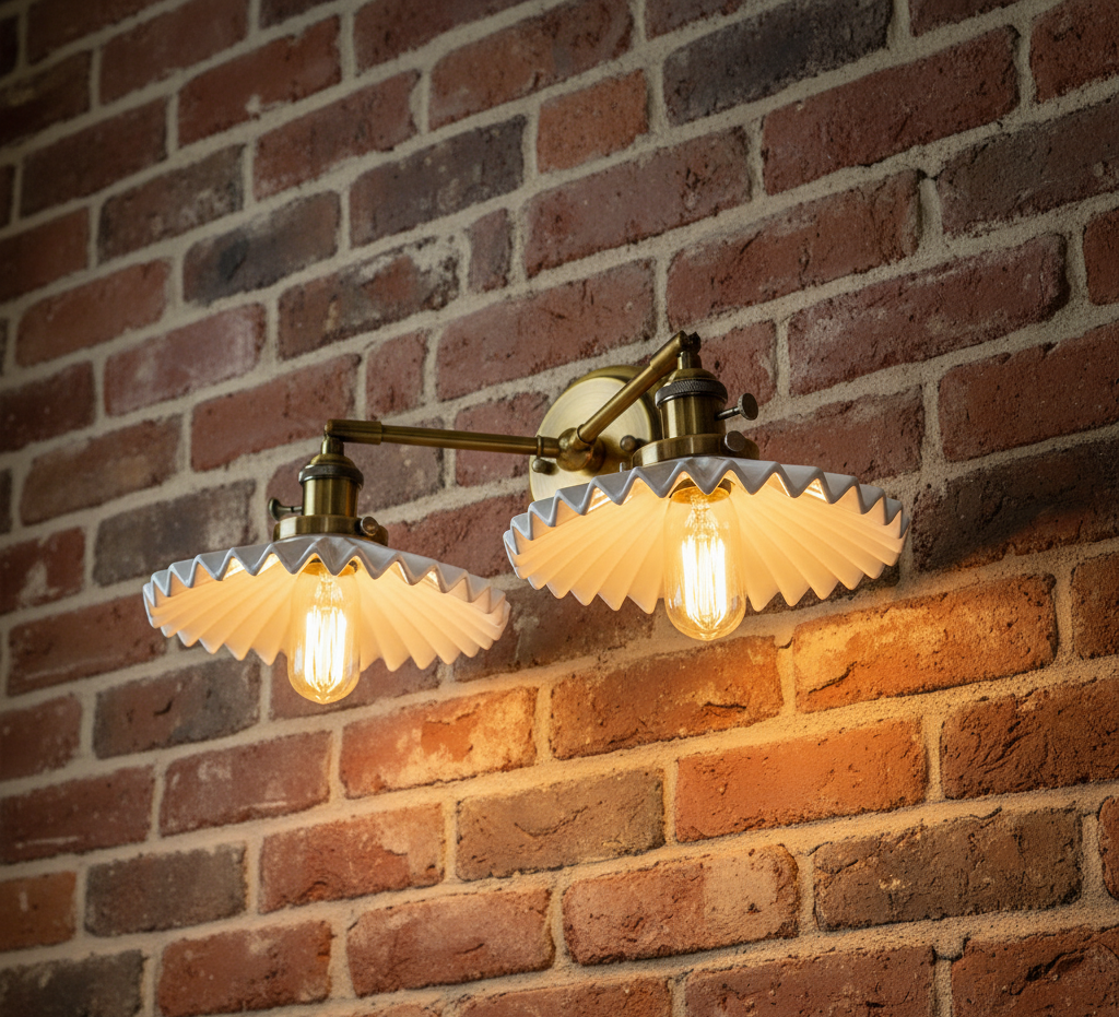 Wall-mounted light fixture with decorative glass shades against a brick wall.