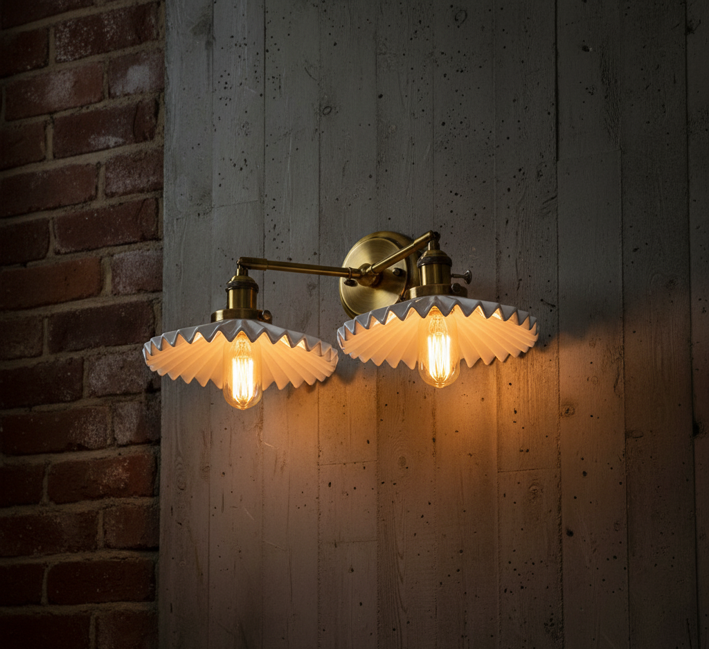 Wall-mounted lamp with ruffled glass shades against a brick wall.