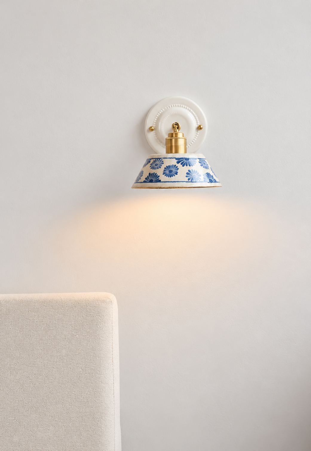 Vintage Ceramic Wall Sconce with Blue Floral Shade – Handmade Bedside Light Fixture