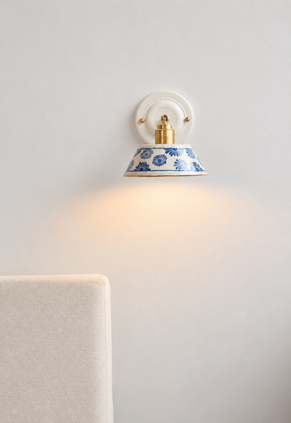 Vintage Ceramic Wall Sconce with Blue Floral Shade – Handmade Bedside Light Fixture