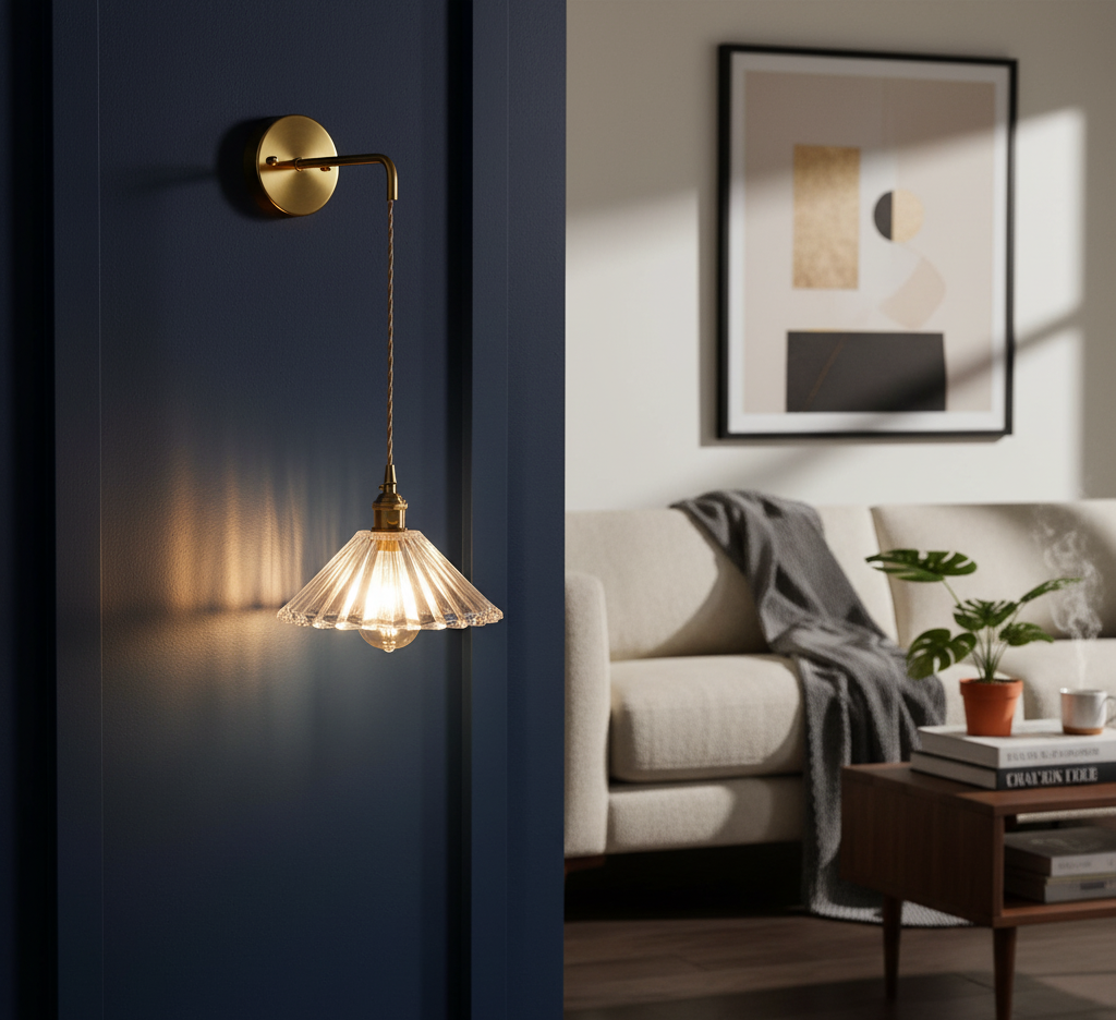 Brass Wall Sconce with Glass Shade & Fabric Cord – Modern Dimmable Light Fixture - Modefinity