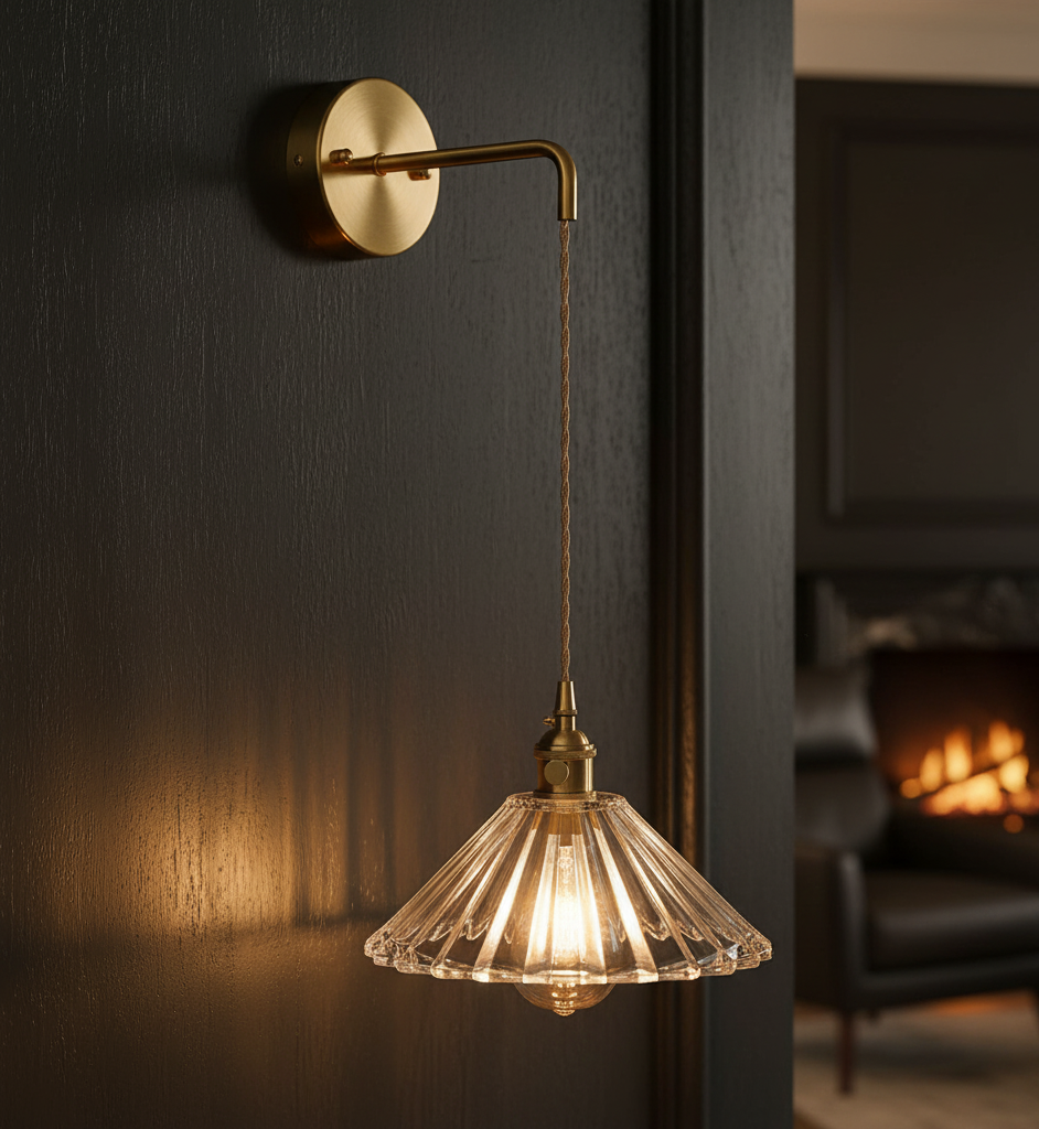 Brass Wall Sconce with Glass Shade & Fabric Cord – Modern Dimmable Light Fixture - Modefinity