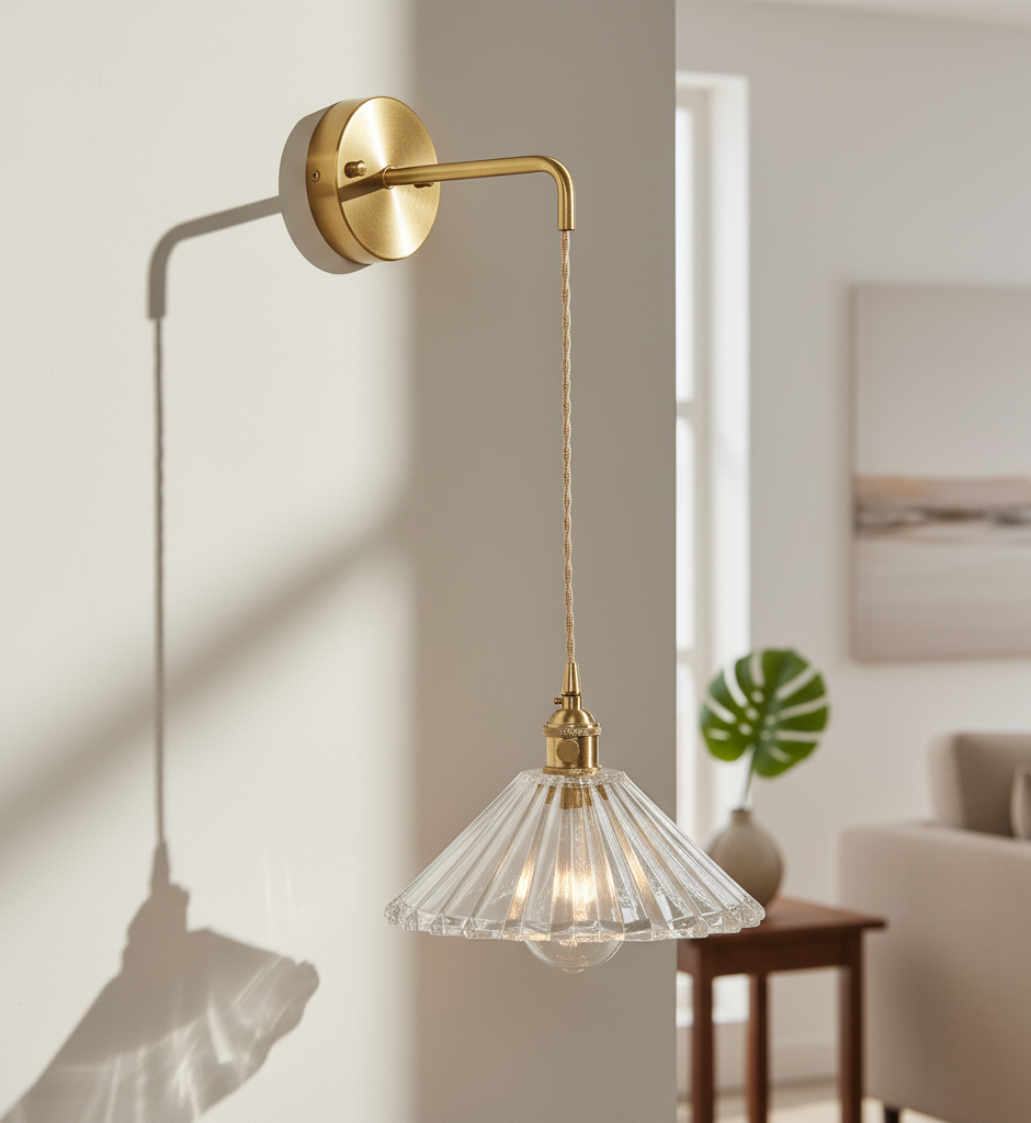 Brass Wall Sconce with Glass Shade & Fabric Cord – Modern Dimmable Light Fixture - Modefinity