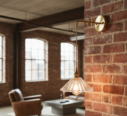 Brass Wall Sconce with Glass Shade & Fabric Cord – Modern Dimmable Light Fixture - Modefinity