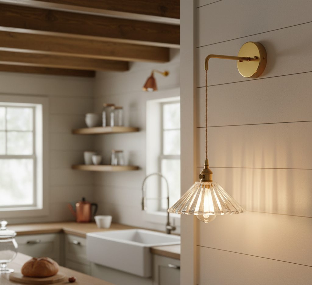 Brass Wall Sconce with Glass Shade & Fabric Cord – Modern Dimmable Light Fixture - Modefinity