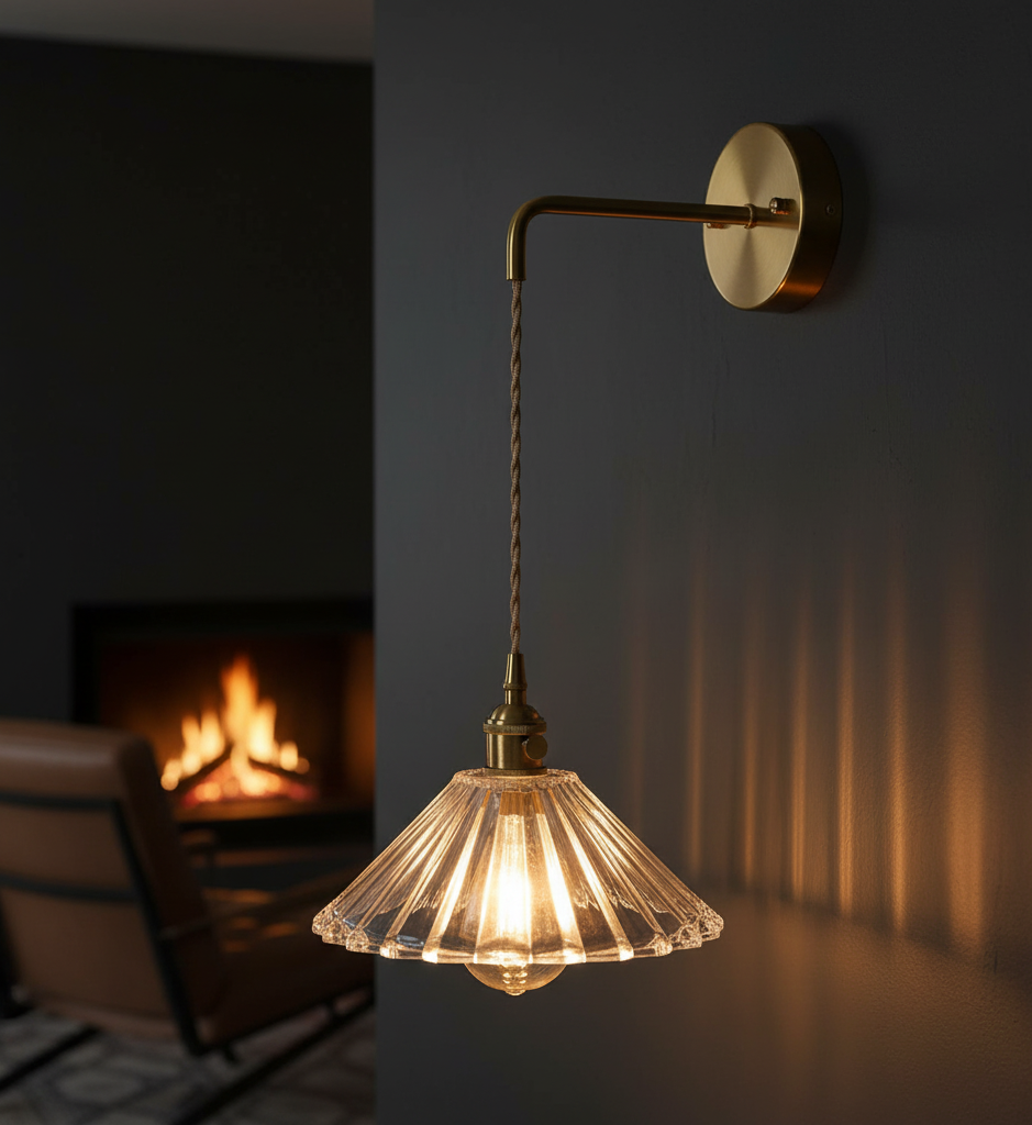 Brass Wall Sconce with Glass Shade & Fabric Cord – Modern Dimmable Light Fixture - Modefinity