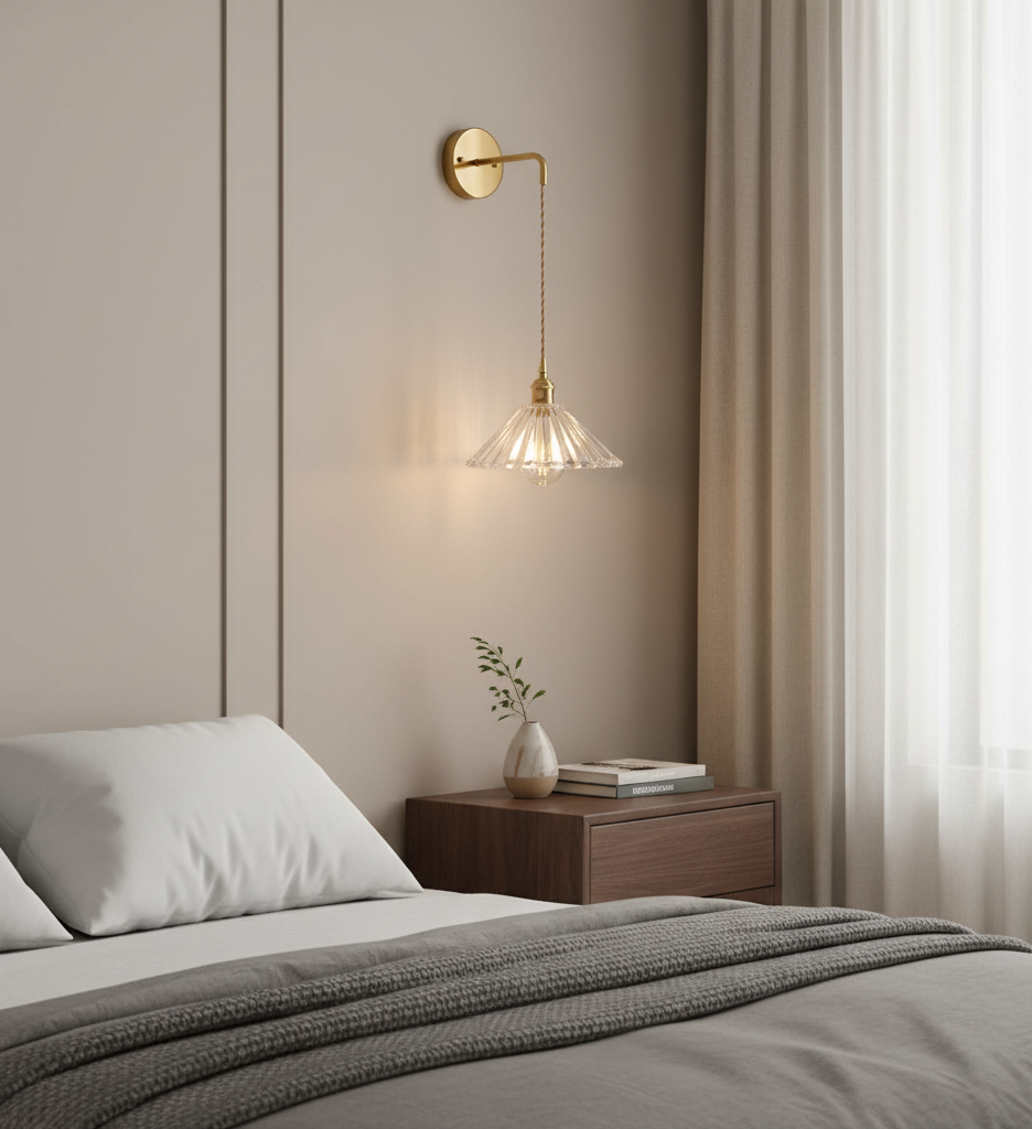 Brass Wall Sconce with Glass Shade & Fabric Cord – Modern Dimmable Light Fixture - Modefinity