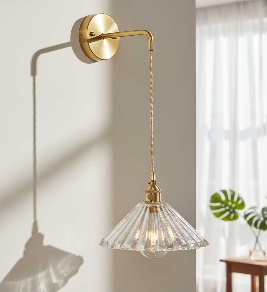 Brass Wall Sconce with Glass Shade & Fabric Cord – Modern Dimmable Light Fixture - Modefinity