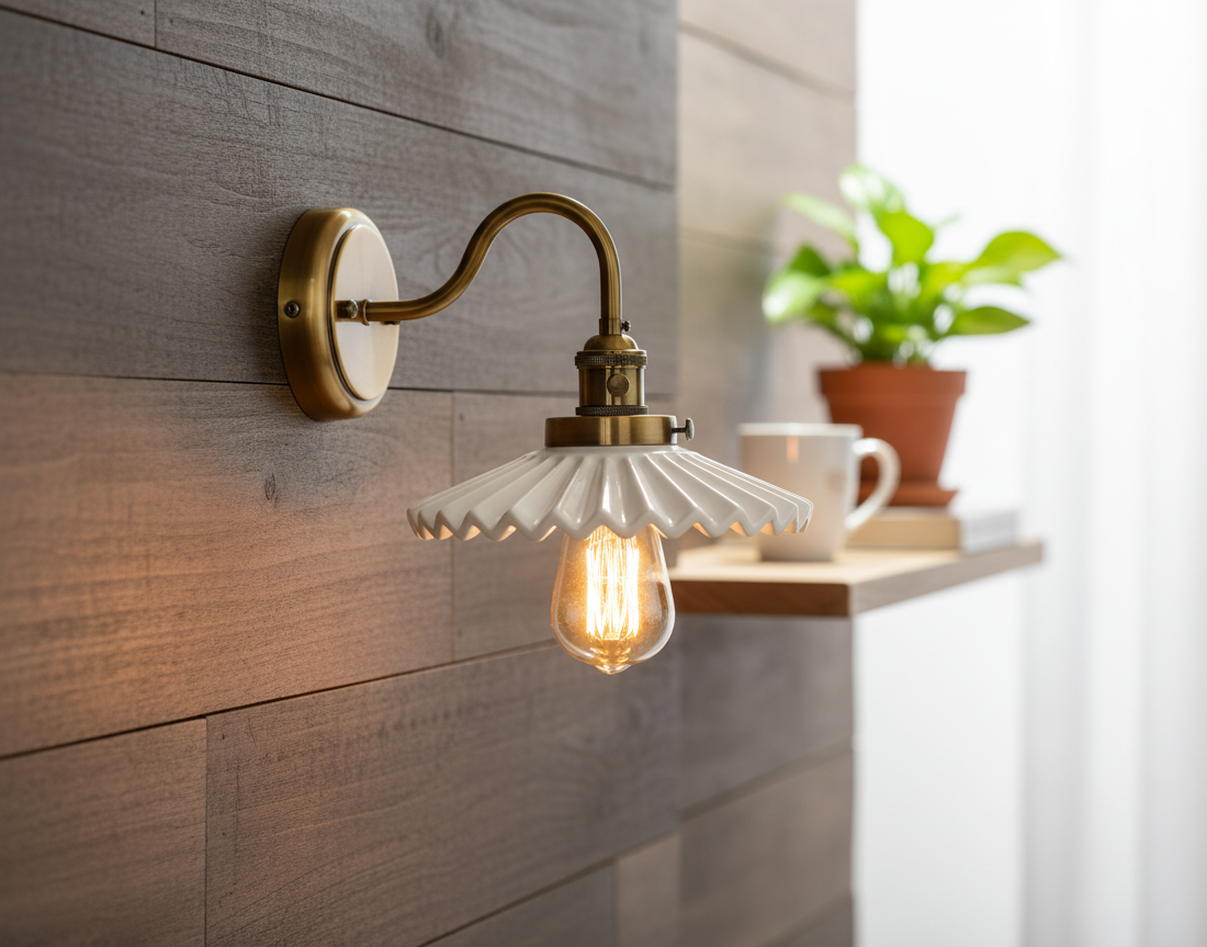 Wall-mounted lamp with a decorative shade on a wooden wall.
