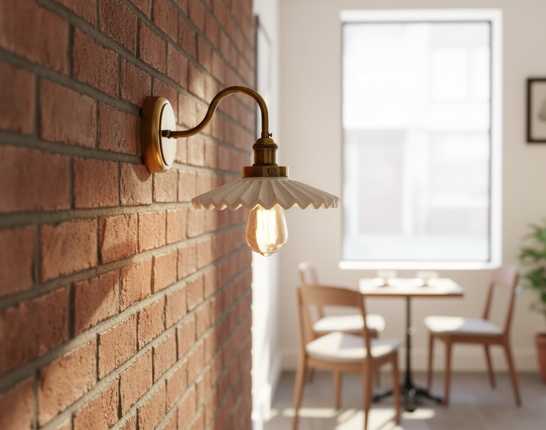 Wall-mounted light fixture on a brick wall with a blurred dining area in the background
