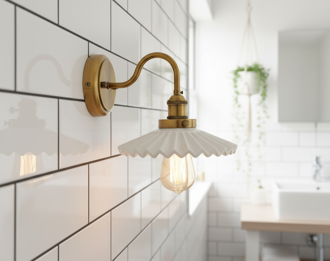 Wall-mounted brass light fixture with scalloped glass shade in a bathroom setting.