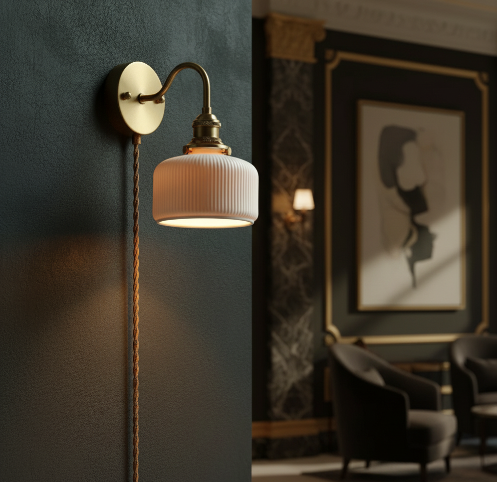 Ceramic Shade Wall Light with Brass Gooseneck Arm - Modefinity