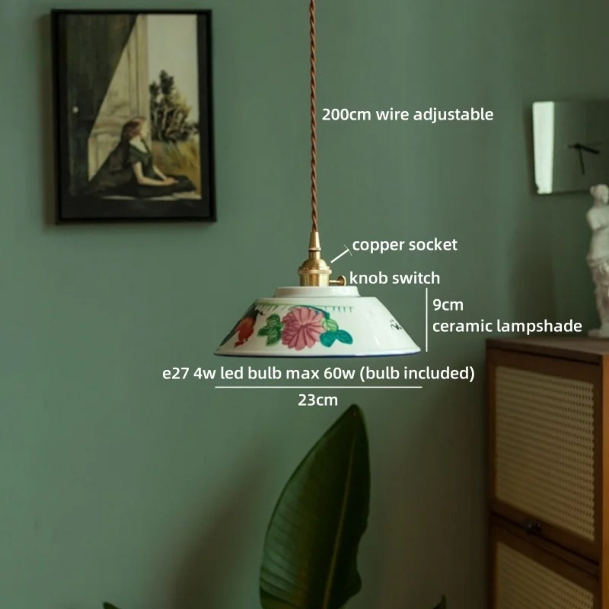 Hand-Painted Floral Ceramic Pendant Light - Modefinity